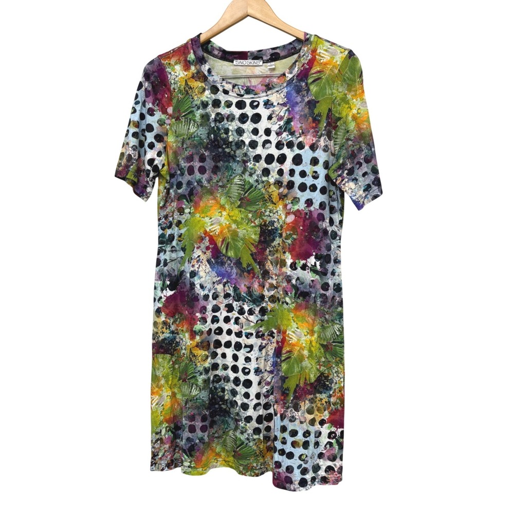 Snoskins Womens Abstract Polka Dot Tropical T-Shirt Dress Size L Made in USA